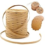 Nuyoah Naturbast Bindebast Papierband 200m Raffia Papier Handwerk Bast mit 40 Geschenkanhänger für Festival Geschenkverpackung DIY Handwerk Weberei und G