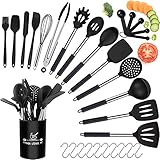 Küchenhelfer Set, Küchengerät 30 Stücke Silikon Kochgeschirr Set, Antihaft Hitzebeständiger Silikonspatel Set, Küchenutensilien mit Edelstahlgriff -10 S-Haken, Schw