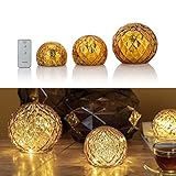 3er Set Glaskugeln mit LED Lichterkette inkl. Timer und Ferbedienung - In und Outdoor geeignet - Deko Kugeln in Bruchglasoptik - LED Beleuchtung (Gold)