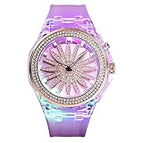 FMXQYH Damenuhren,Einfache Armbanduhren Für Dame LED-Hintergrundbeleuchtung Mit Silikonband，Hohlblumenförmiger Chronograph Rotierende Damen Quarzuhr Mit Transparentem Armband (Color : A)
