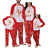 Winkinlin Weihnachts-Pyjama-Set, mit Hirsch-Aufdruck, langärmelig, T-Shirt, Hose, Hauskleidung, Nachtwäsche für Damen, Herren und Kinder, Rot Frauen, 42