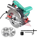 Kreissäge, HYCHIKA Handkreissäge 1500W 4700RPM, Max. Schnitttiefe: 90°: 65mm/45°: 45mm mit 2 Sägeblättern 190mm(24T/40T), Kupfermotor, Sicherheitsschalter für Holz DIY