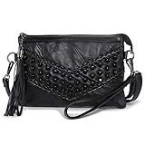 LaRechor Kleine Handtasche für Damen Quaste Nieten Crossbody Bag Weiches Ledertasche Clutch mit Handschlaufe (Schwarz)