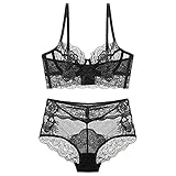 Durchsichtiges Dessous Set mit Floraler Spitze für Damen Set aus Bügel-BH und Höschen Teddy 2-teilige Sexy Unterwäsche Sets aus Netzstoff (Schwarz,85B)