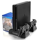 VOIMAKAS PS4/PS4 Slim/PS4 Pro Vertikaler Standfuß, PS4 Ständer mit PS4 Controller Ladestation und 3 Eingebaute Kühler Lüfter und Ladekabel & 12 Spiele Discs Sitze, Schw