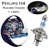 2x Philips H4 60/55W 12V P43t-38 12342RVS2 Racing Vision +150% mehr Helligkeit Intensiv Weiß Ersatz Scheinwerfer Halogen Lampe - E-geprü