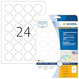 HERMA 4686 Wetterfeste Folien-Etiketten DIN A4 transparent (Ø 40 mm, 25 Blatt, Polyesterfolie, matt, rund) selbstklebend, bedruckbar, permanent haftende Klebefolie, 600 Klebeetiketten, durchsichtig