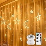 LED Lichtervorhang Lichterkette, Vegena 3.5M Sterne Mond LED Fenstervorhang Lichter Batteriebetriebene mit Fernbedienung 8 Blinkenden Modi, für Garten Haus LED Sternenvorhang Dekorative Warmweiß