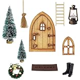 Wichteltür Zubehör Weihnachten Set - Wichteltür Weihnachten, Weihnachtswichtel Tür mit Zubehör Stiefel Laterne, Weihnachtsbaum Dekokranz Holzleiter Wichtelbesen, Verzierungen für W