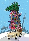 2x Berlin Weihnachtskarte Christmas xmas card aus Prenzlauer Berg mit Fernsehturm, Berliner Bär, Trabi und Brandenburger T