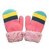 ZZALLL Kids Winter Plüsch gefütterte Vollfingerhandschuhe Rainbow Striped Knitted Warm Fäustlinge - Pink