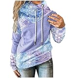 uzwwjim Damen Weihnachtspullover Lange Ärmel Beiläufig Kordelzug Spleißen Sweatshirt Kapuzenpullover Pullovershirt Kapuzenpullover(Violett,S)