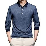 mothcattl Herren Casual Langarm Slim Stretch T-Shirt Herren Hemd Plaid Revers Baumwollmischung Farbblock Poloshirt für Dating, blau, XL