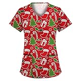 yiouyisheng Kasacks Damen Pflege Bunt Christmas Motive Weihnachten Krankenpfleger Mediznischer Uniformen Schlupfhemd V-Ausschnitt Schlupfkasack Kurzarm Tshirt Bluse mit T