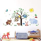 onetoze Wandtattoo Kinderzimmer Tiere Wandtattoo Dschungel Wandtattoo Elefant Wandtattoo Eule Wandtattoo Baum Wandtattoo Vögel Affen Wandtattoo Babyzimmer Junge Mädchen, 92x181