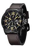 FIREFOX Herren- Armbanduhr Soldier analog Quarz Chronograph Edelstahl schwarz gelb Lederarmband braun Datumsanzeige 10 ATM wasserdicht FFS255-106