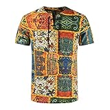 Herren Kurzarm T-Shirt Oberteil Sommer Casual Ethno Print Baumwolle-Leinen Bedruckt Top Bluse Kurzärmliges Slim F