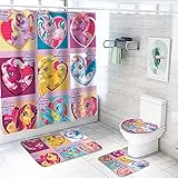 My Little Pony Duschvorhang-Sets mit rutschfesten Teppichen, WC-Deckelbezug und Badematte, wasserdicht, mit 12 Haken, langlebige Badezimmer-Dekoration, 4 Stück