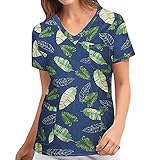 Halloween Kasack Damen Pflege Bunt: mit Motiv Tierdruck T-Shirt Schlupfkasack mit Zwei Taschen Kurzarm V-Ausschnitt Schlupfhemd Berufskleidung Krankenpfleger Uniformen N