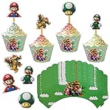 MEZHEN Tortendeko für Super Mario Kindergeburtstag Backbecher Papier Cupcake Topper Mario Cupcake Wrappers Muffin Super Mario Cupcake für Kinder Geburtstag Mario Party Dek