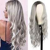 Kalyss 24 Zoll Ombre Silber grau lockig wellig hitzebeständig Haar Perücke für Frauen Mitte Teil ohne Lace Front Haar Ersatz Perück