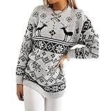 FUNWAVE Damen Weihnachtspullover Stricken Minikleid Niedlich Rentier Schneeflocken Weihnachtsbäume Drucken Strickpullover Pulli Top, schwarz 2, S