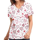 Eaylis Damen Valentinstag Herz Print Kurzarm V-Ausschnitt Tops Arbeitsuniform Bluse Hemd Mit Taschen,Lose Pullover Hoodies für Frauen mit Motiv Hemd Bedruckte Tops Plus Size Kurzarmshirts B