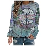 Masrin Mask Frauen Pullover Mode Blumen Libelle Print Sweatshirt Damen Langarm O-Ausschnitt Patchwork Shirts Herbst Winter Pullover Tops Bluse(XL,Blau)