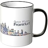 WANDKINGS® Tasse, Schriftzug Guten Morgen Frankfurt! mit Skyline bei Nacht - SCHWARZ