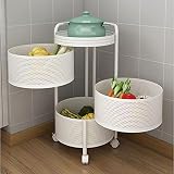 PPTT Runder Küchenwagen Aus Metall Mit Drehbarem Korb, 3/4/5 Tier Rotating Vegetable Shelf Organizer Küche, Boden Stehende Schichtung Lüftungsregal Hohlfruchtkorb für Küche Bad,Weiß,3F
