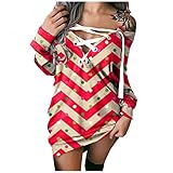 Damen Langarm Pulloverkleid Strickkleid Schulterfrei Partykleid Pullover Kleider V-Ausschnitt Elegant Tunika Kleid Für Herbst Winter Minikleid Sweatshirt Lose Weihnachten Druck Sexy Freizeitk