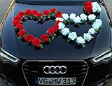 DOPPEL Herz Auto Schmuck Braut Paar Rose Deko Dekoration Autoschmuck Hochzeit Car Auto Wedding Deko Ratan (Rot/Reinweiß)