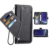 Asuwish Kompatibel mit Samsung Galaxy A3 2017 Wallet Case Handschlaufe Lanyard Leder Flip Cover Kartenhalter Ständer Handy Hüllen für GlaxayA320 Gaxaly A 3 Damen Herren Schw