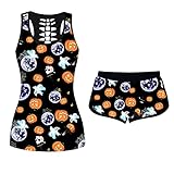 Sonojie Damen Sportanzug Halloween Kürbis Pie Drucken Tank Top Shorts Set Zweiteilige Kurz Anzug Weste Schädel Ärmellos T-Shirt Tanktop Oberteile Gothic Tank Top