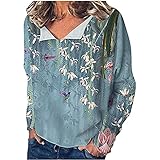 jikolililili Kolibri-Hemden für Damen, langärmelig, bunt, Federdruck, V-Ausschnitt, Tops Bluse, grün, M