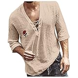 Herren Langarmshirts Casual Federdruck Hemden V-Ausschnitt Bluse Tops T-Shirt Bedrucktes Halbarm Oberteil Zum SchnüR