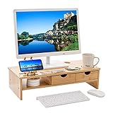 Novhome Monitorständer aus Bambus ergonomischer mit 2 Schubladen und Telefonhalter Bildschirmständer Schreibtisch Organizer Steckplätze für Bü