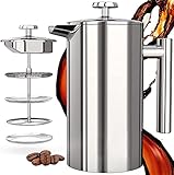 French Press Kaffeebereiter 1 Liter (8 Tassen), Hom Geek 304 Edelstahl Kaffeebereiter Doppelwandig Isoliert, Handfilter Kaffeepresse mit 1 Extra Sieben, 3-Stufen-Filtrationssystem,