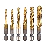 Zunate Metrisches Gewinde, Kombi Gewindebohrer Schraube Sechskantschaft Senker Werkzeuge Bohrer Bit Set, 1/4' HSS Maschinengewindebohrer Drill Bits,6tlg