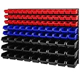 Lagersystem Wandregal – 1158 x 780 mm - Stapelboxen Sichtlagerkästen Schüttenregal – Wandplatten SET mit 3 Arten von Boxen (Rot/Blau/Schwarz)