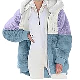 BORTGYUI Trenchcoats für Damen Winter Sherpa Fuzzy Fleece Flanell Jacken Color Block Flauschig Warm mit Kapuze Blau S