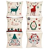 NEPAK 6er Set Zierkissenbezug ohne Füllung,Kissenbezug Frohe Weihnachten Dekorative Kissenhülle,Schneemann Rentier Baumwolle Leinen Schlafsofa Dekokissen Abdeckung Dekoration(45 x 45 cm)