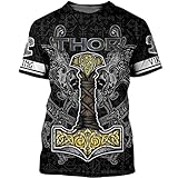 Feinny Thors Hammer Mjolnir Mode 3D All Over gedruckt T Shirt, Sommer Strand kühlen schnell trocken Streetwear Herren Tops, Norse Vintage Viking Amulett Kurze Ärmel,Schwarz,5XL