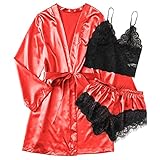 Schlafanzug Set Damen Kurz Sexy Satin Spitze Spaghettiträger V-Ausschnitt Sommer Leicht Negligée Kimono Morgenmantel Lingerie Nachthemd Hausanzug Reizwäsche BHS Stickerei Pyjama, 2/3/4 Teiliges S