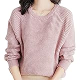 Damen Einfarbige Freizeitpullover Rundhalsausschnitt Langarm Herbst Winter Strickpullover Waffle Cable Warm Pulli Loose Jumper Tops (XL,Rosa)