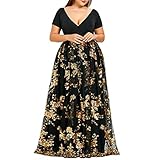 VEMOW Damen Kleider Kurzarm V-Ausschnitt Maxikleid mit Pailletten Blumen Muster Sommerkleid Vintage Retro Abendkleid Brautjungfernkleider für Hochzeit Kurzes A-Linie Cocktailkleid(Gold,50)