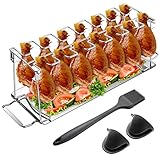 Vorsee Hähnchenschenkel Halter, Edelstahl Chicken Rack Hähnchenkeulenhalter für 14 Hähnchen-Keulen mit BBQ Pinsel+ Topflappenhandschuhe Grill-Zubehör perfekt gegrillte Chicken-Wings klappb