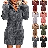 Jumpsuit Damen Kuschelig Plüsch Strampler Langarm Kurze Shorts Schlafanzug Einteilige Mit Reißverschluss und Kapuzen Katzenohren Homewear Overall Pyjamas Lässige Warme Hausanzug