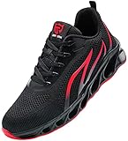 LARNMERN PLUS Sicherheitsschuhe Herren Arbeitsschuhe Schlagfestigkeit rutschfest Atmungsaktiv Leitch Sneaker Europäische Normstahlkappe Sportlich Schutzschuhe (Schwarz Rot,37 EU)