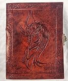 Kooly Zen Notizblock, Tagebuch, Buch, echtes Leder, Vintage, keltischer Drachenkopf, Metallverschluss, 13 cm x 17 cm, 240 Seiten, Premiumpap